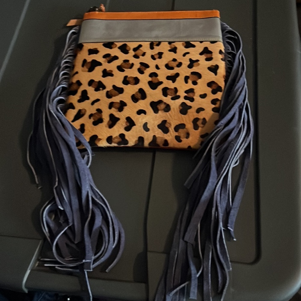 New OAK leather hair on animal print bag with fringe